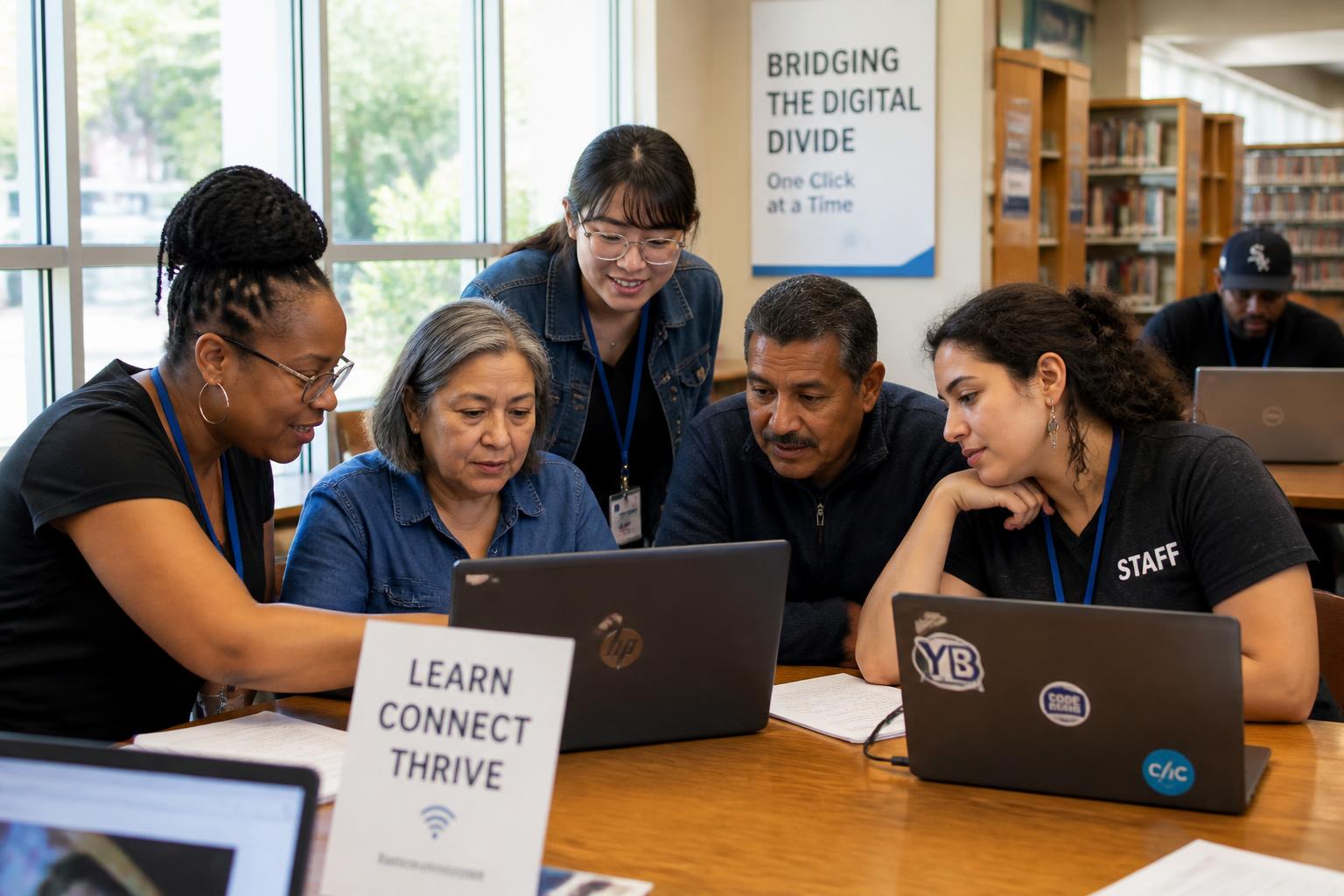 Community members learning digital tools together at a library